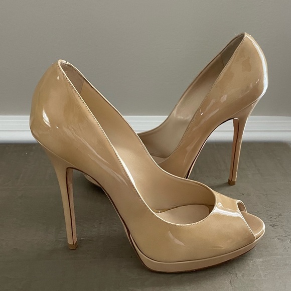 COPY - Jimmy Choo Nude Patent Crown Peep Toe Platform Pumps Size 39